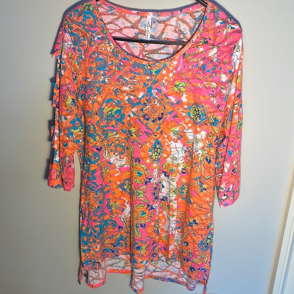 Lulu B colorful sheer tunic, cutout sleeves, size medium